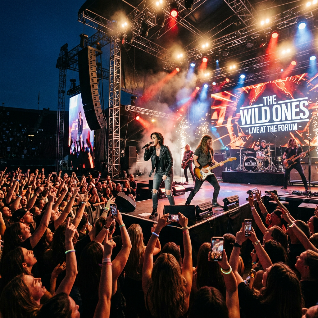Rock band The Wild Ones performing on stage with singer and guitarists in front of a large audience.