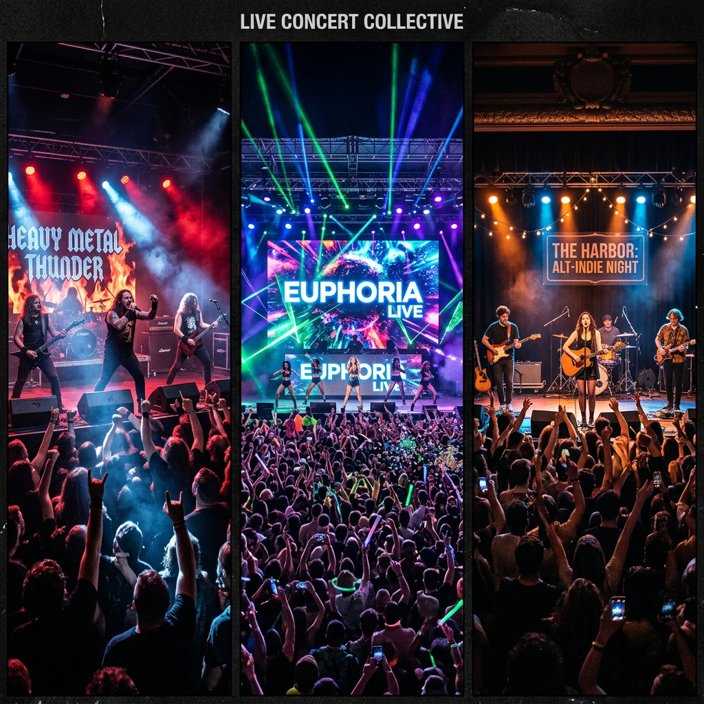 Heavy metal band, pop act with dancers, and indie band performing live on stage